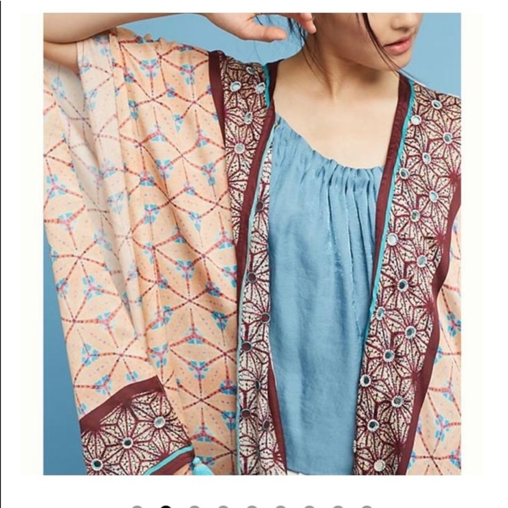 Anthropologie Silk Kimono with pompoms